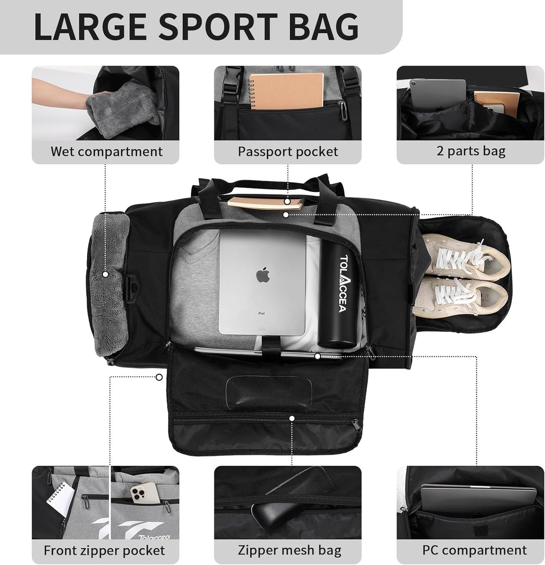 Tolaccea Large Travel Bag, 54L-72L Expandable Duffel Bag for Travel, Weekend Overnight Bag with Shoe Compartment, Gym Bag for Men Women, Sport Duffel Bag for Travel, Gym, Workout, Yoga, Sports